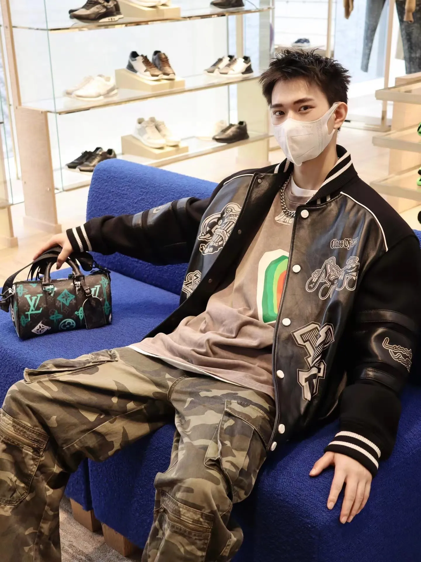 Louis Vuitton/Louis Vuitton 22Fw multi-logo printed leather baseball jacket